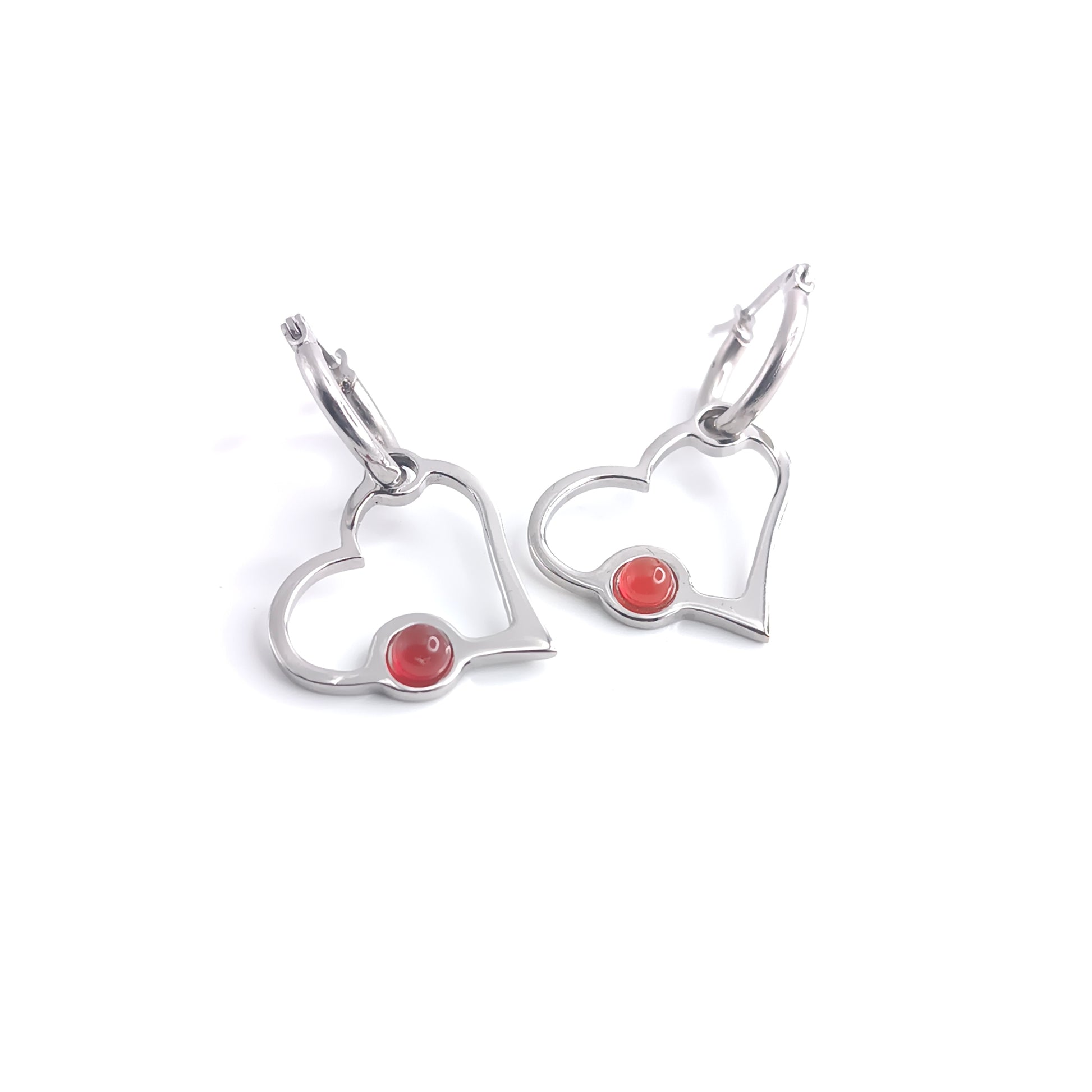 Heart earrings with side attachment and natural stone